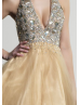 Champagne Tulle Beaded Halter Backless Knee Length Prom Dress